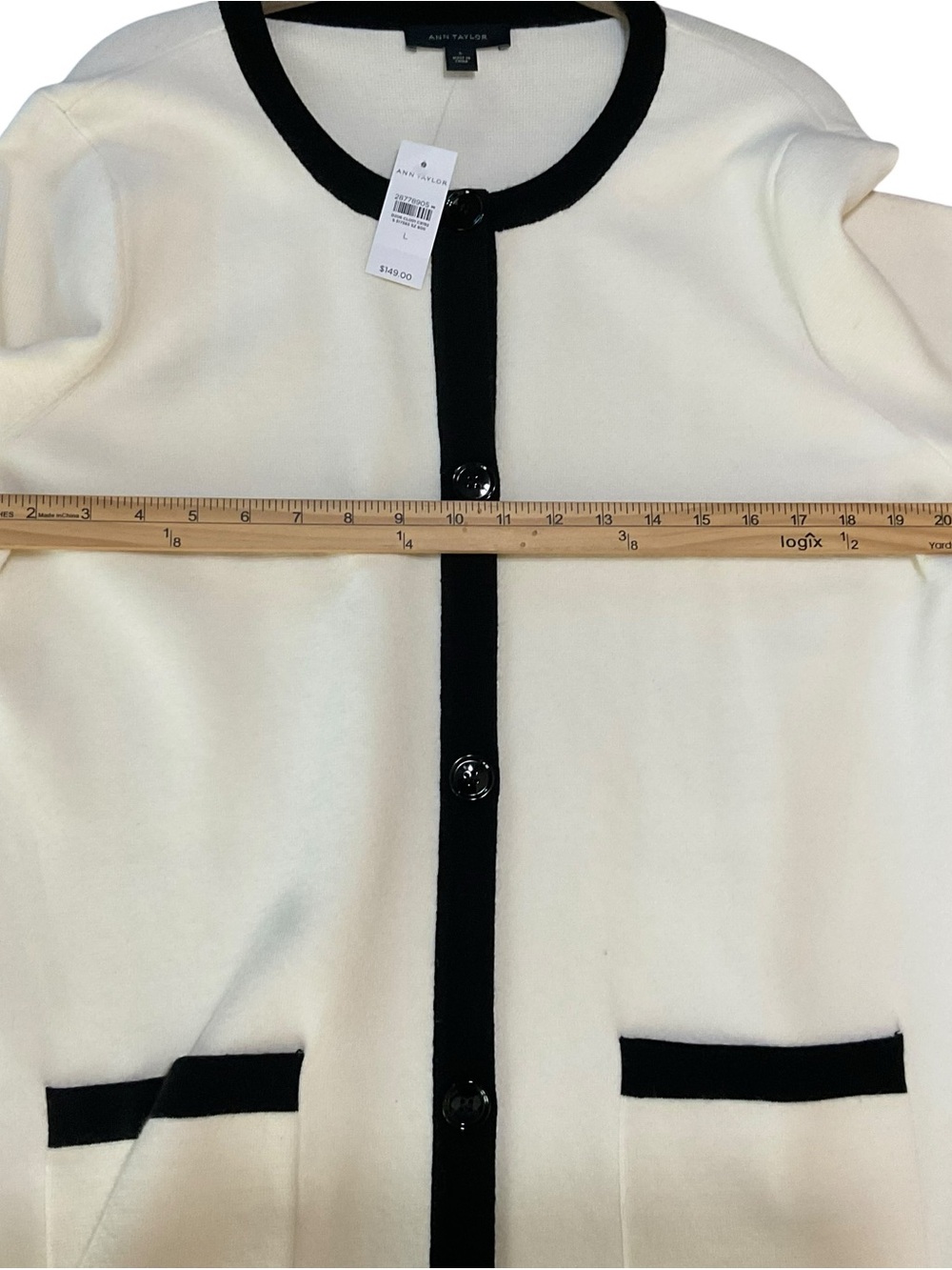 Ann Taylor NWT Longline Contrast Trim Cardigan Sweater Ivory Black Size Larg - Picture 7 of 8